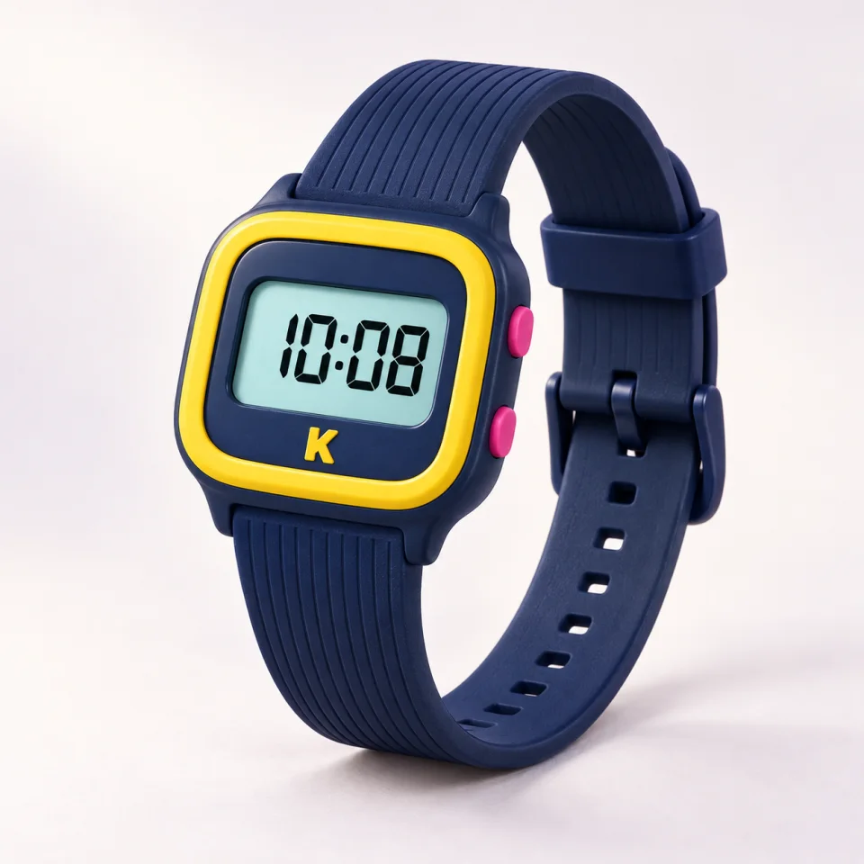 Original KURV digital watch concept with navy strap, yellow bezel and pink buttons